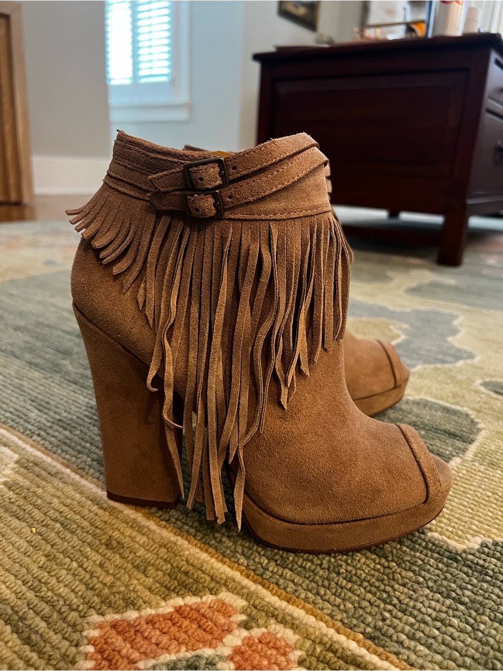 Nine West Brown Suede Fringe Peep Toe Platform Booties Size 8M